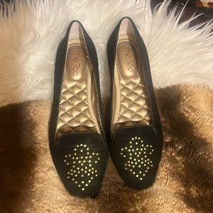 Me Too Black Suede with Gold-Studded Fleur de Lis Smoking Flats! So Chic! Sz. 8M